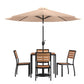 7 Piece All-Weather Deck Or Patio Set With 4 Stacking Faux Teak Chairs, 35" Square Faux Teak Table, Tan Umbrella & Base By Flash Furniture | Outdoor Dining Sets | Modishstore