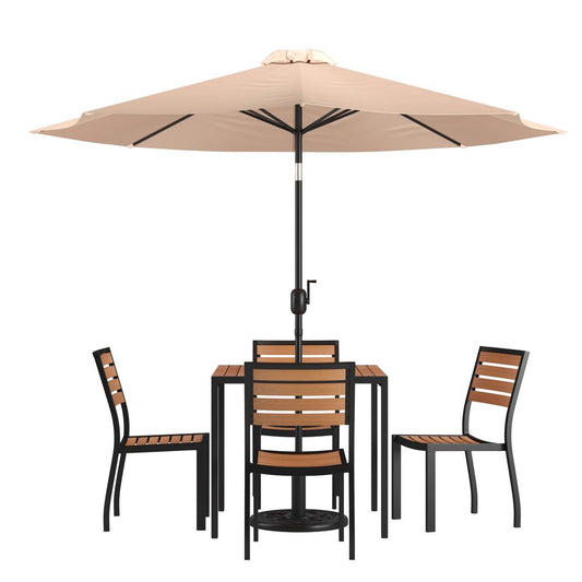 7 Piece All-Weather Deck Or Patio Set With 4 Stacking Faux Teak Chairs, 35" Square Faux Teak Table, Tan Umbrella & Base By Flash Furniture | Outdoor Dining Sets | Modishstore - 1