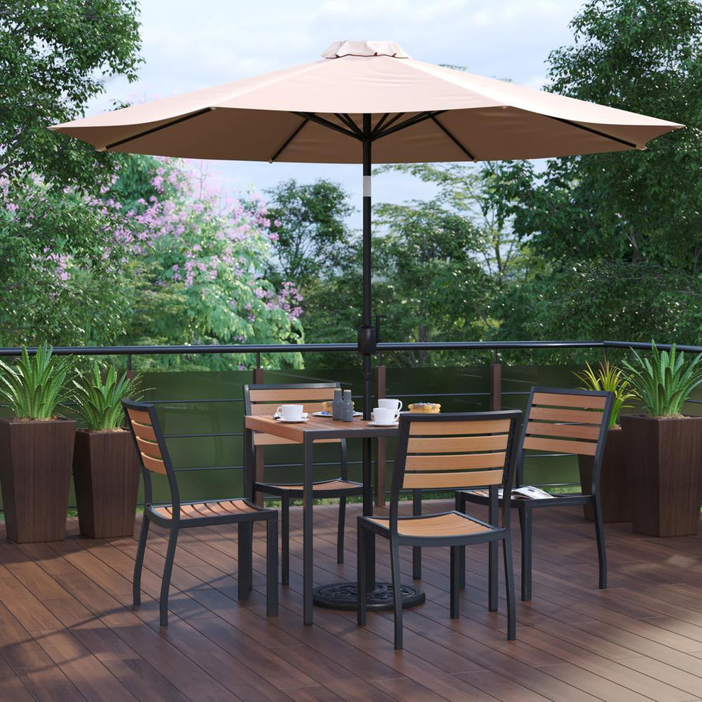 7 Piece All-Weather Deck Or Patio Set With 4 Stacking Faux Teak Chairs, 35" Square Faux Teak Table, Tan Umbrella & Base By Flash Furniture | Outdoor Dining Sets | Modishstore - 2