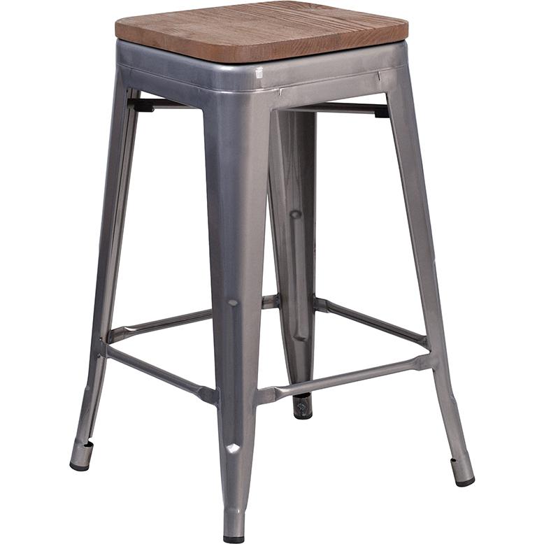 24" High Backless Clear Coated Metal Counter Height Stool With Square Wood Seat By Flash Furniture | Bar Stools | Modishstore