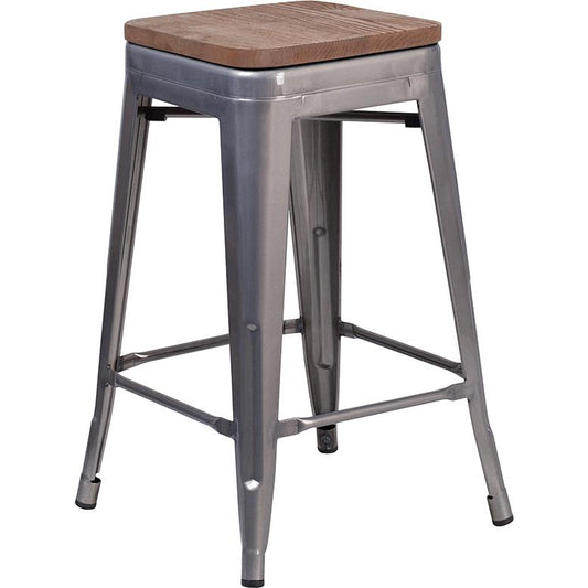 24" High Backless Clear Coated Metal Counter Height Stool With Square Wood Seat By Flash Furniture | Bar Stools | Modishstore - 1