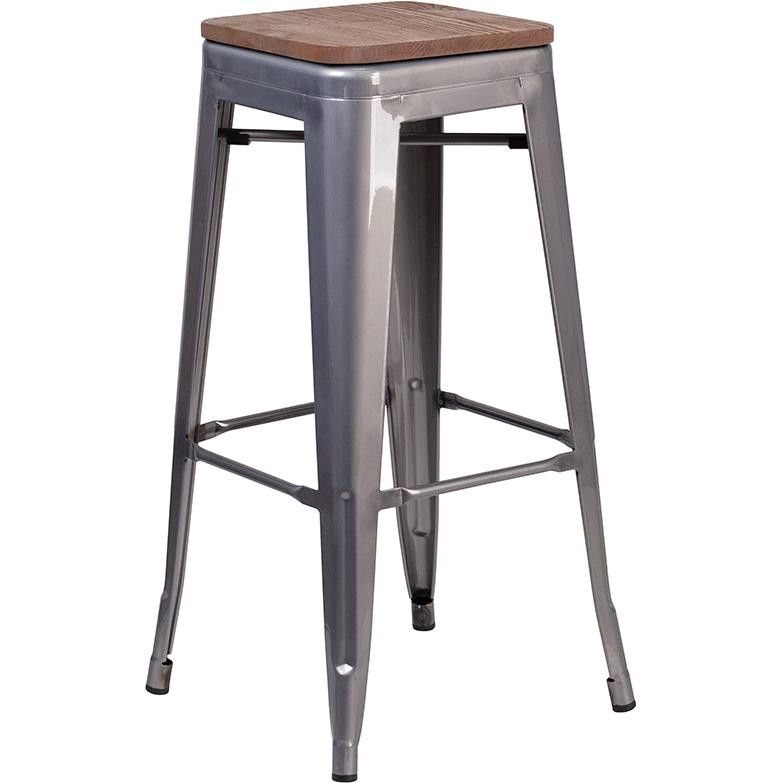 30" High Backless Clear Coated Metal Barstool With Square Wood Seat By Flash Furniture | Bar Stools | Modishstore - 2