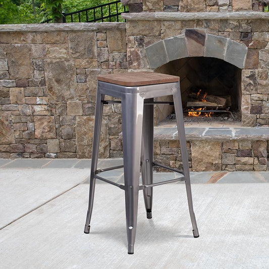 30" High Backless Clear Coated Metal Barstool With Square Wood Seat By Flash Furniture | Bar Stools | Modishstore - 1