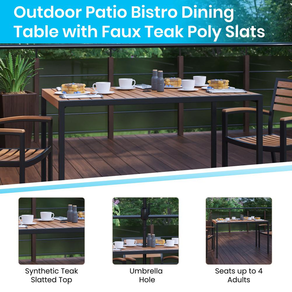 Outdoor Dining Table With Synthetic Teak Poly Slats - 30" X 48" Steel Framed Restaurant Table With Umbrella Holder Hole By Flash Furniture | Outdoor Tables | Modishstore - 4