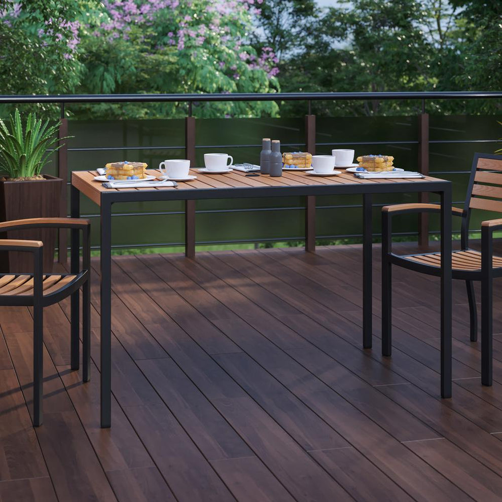 Outdoor Dining Table With Synthetic Teak Poly Slats - 30" X 48" Steel Framed Restaurant Table With Umbrella Holder Hole By Flash Furniture | Outdoor Tables | Modishstore - 2
