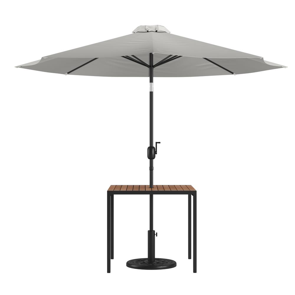 3 Piece Outdoor Patio Table Set - 35" Square Synthetic Teak Patio Table With Gray Umbrella And Base By Flash Furniture | Outdoor Tables | Modishstore - 1