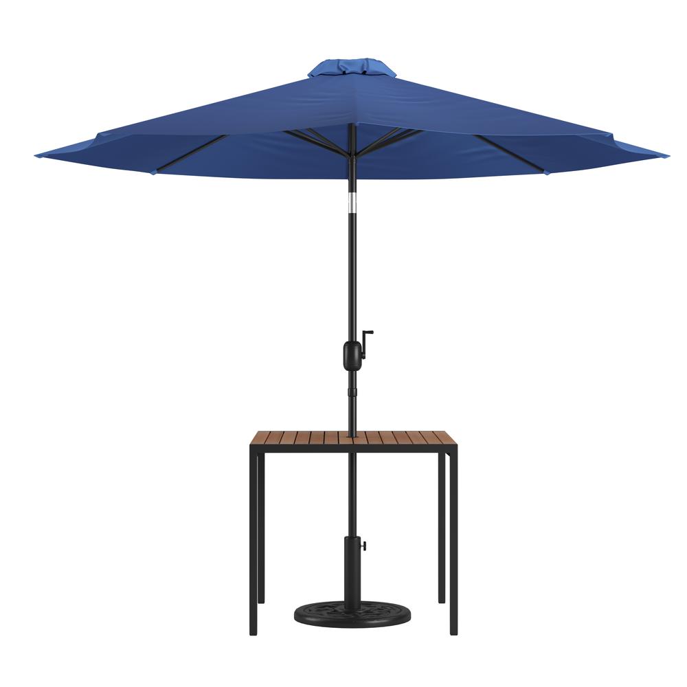 3 Piece Outdoor Patio Table Set - 35" Square Synthetic Teak Patio Table With Navy Umbrella And Base By Flash Furniture | Outdoor Tables | Modishstore