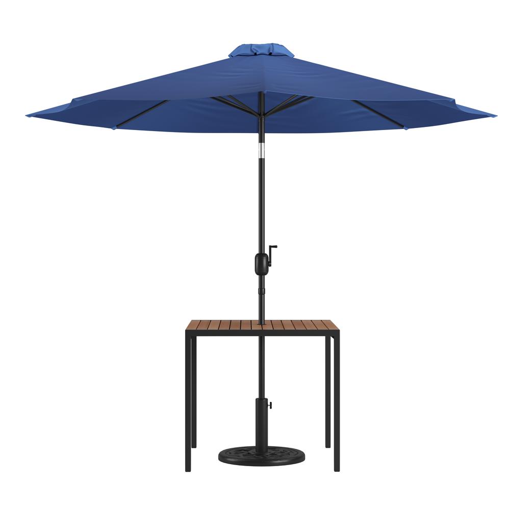 3 Piece Outdoor Patio Table Set - 35" Square Synthetic Teak Patio Table With Navy Umbrella And Base By Flash Furniture | Outdoor Tables | Modishstore - 1