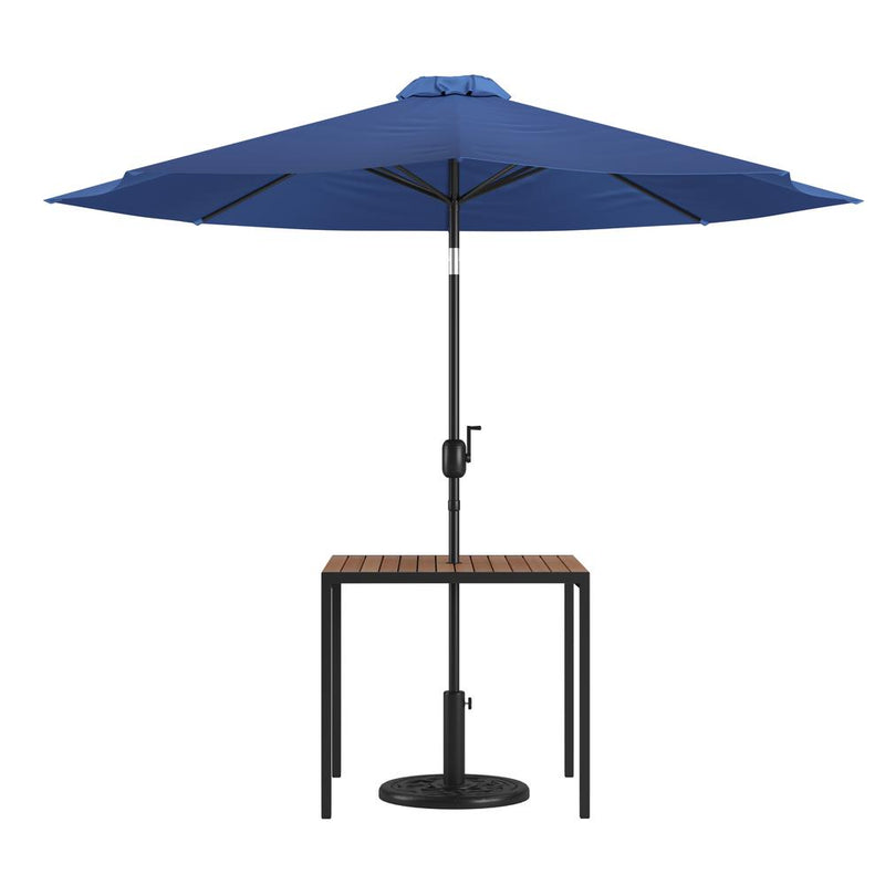 3 Piece Outdoor Patio Table Set - 35" Square Synthetic Teak Patio Table With Navy Umbrella And Base By Flash Furniture | Outdoor Tables | Modishstore - 1