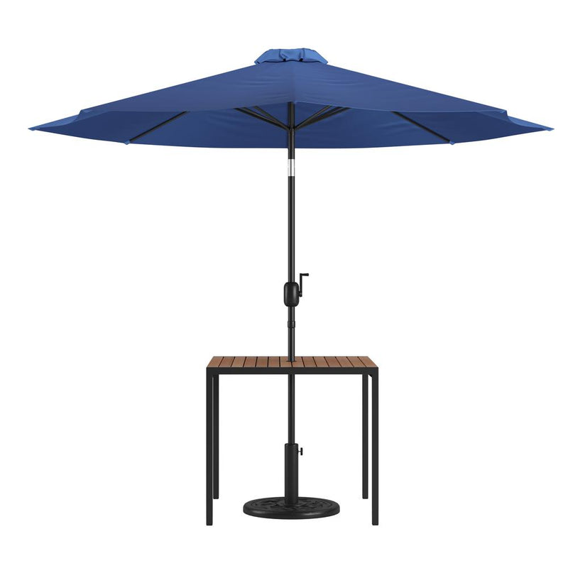 3 Piece Outdoor Patio Table Set - 35" Square Synthetic Teak Patio Table With Navy Umbrella And Base By Flash Furniture | Outdoor Tables | Modishstore