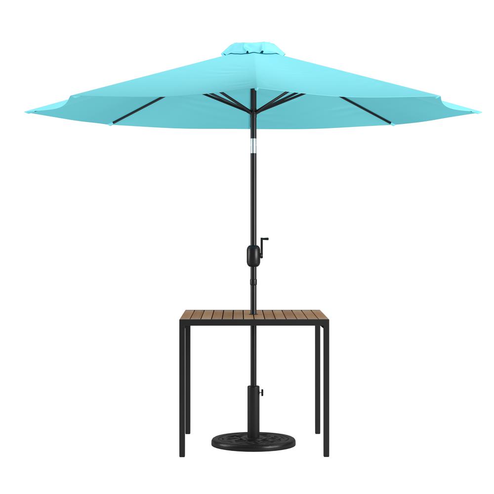 3 Piece Outdoor Patio Table Set - 35" Square Synthetic Teak Patio Table With Teal Umbrella And Base By Flash Furniture | Outdoor Tables | Modishstore
