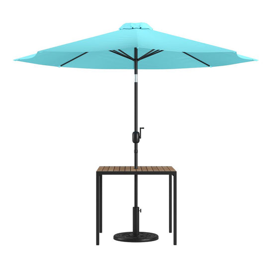3 Piece Outdoor Patio Table Set - 35" Square Synthetic Teak Patio Table With Teal Umbrella And Base By Flash Furniture | Outdoor Tables | Modishstore - 1
