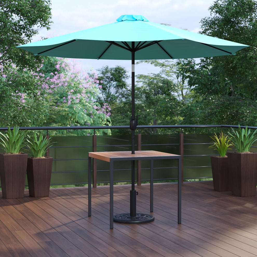 3 Piece Outdoor Patio Table Set - 35" Square Synthetic Teak Patio Table With Teal Umbrella And Base By Flash Furniture | Outdoor Tables | Modishstore - 2