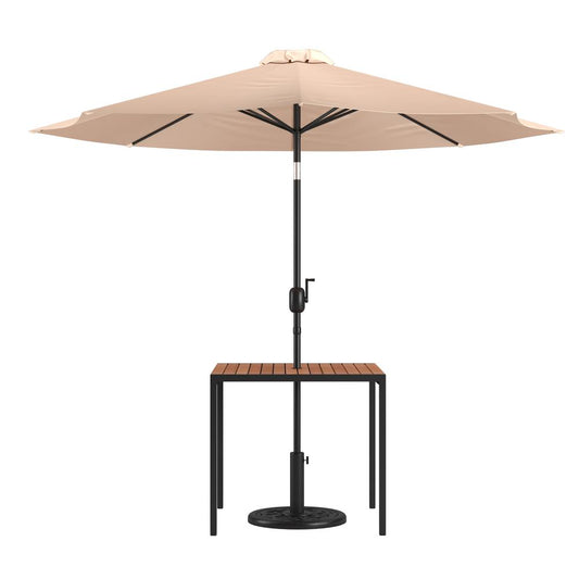 3 Piece Outdoor Patio Table Set - 35" Square Synthetic Teak Patio Table With Umbrella Hole And Tan Umbrella With Base By Flash Furniture | Outdoor Tables | Modishstore - 1