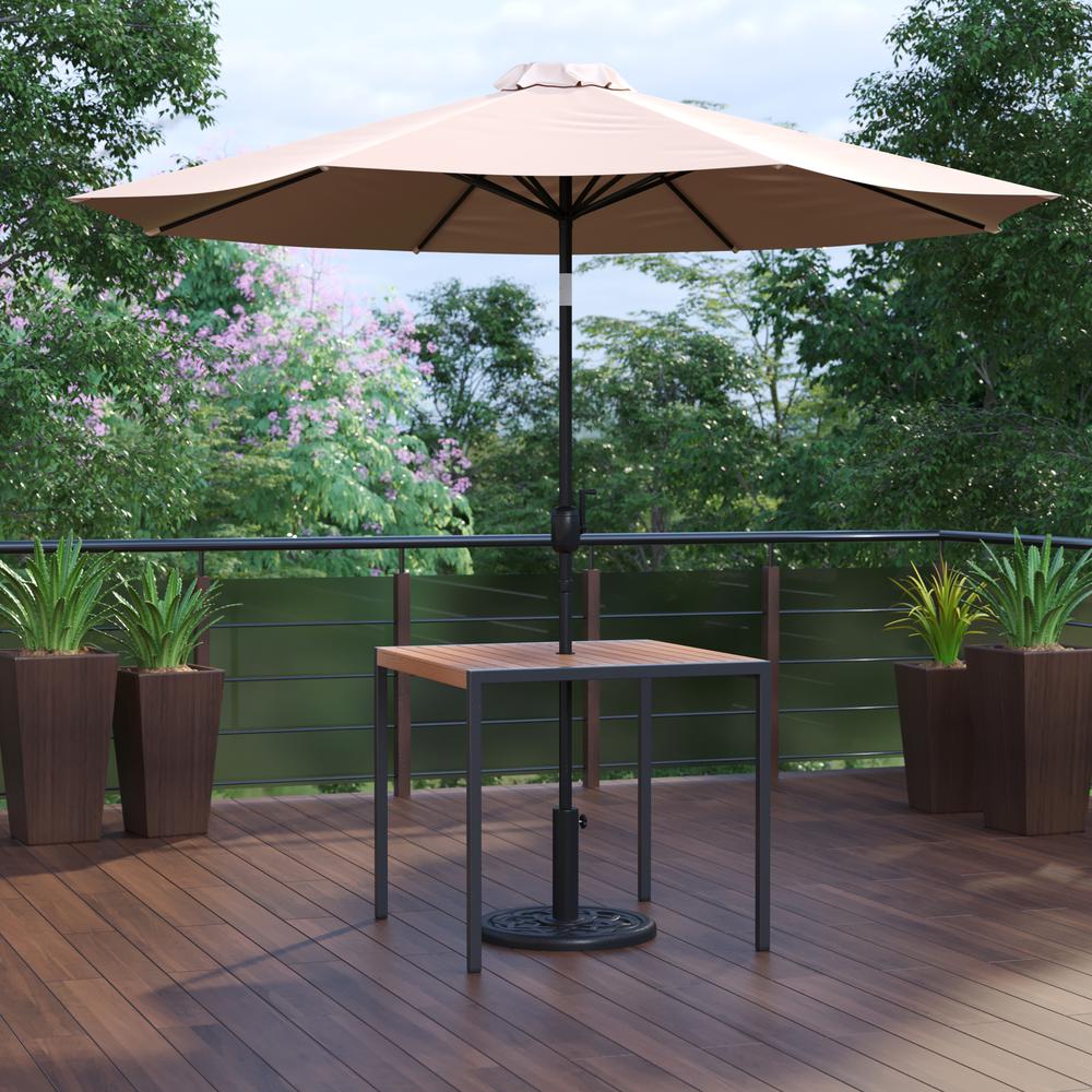 3 Piece Outdoor Patio Table Set - 35" Square Synthetic Teak Patio Table With Umbrella Hole And Tan Umbrella With Base By Flash Furniture | Outdoor Tables | Modishstore - 2