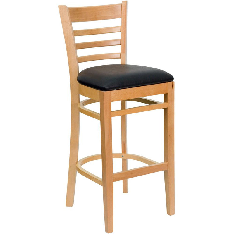 Hercules Series Ladder Back Natural Wood Restaurant Barstool - Black Vinyl Seat By Flash Furniture | Bar Stools | Modishstore - 1