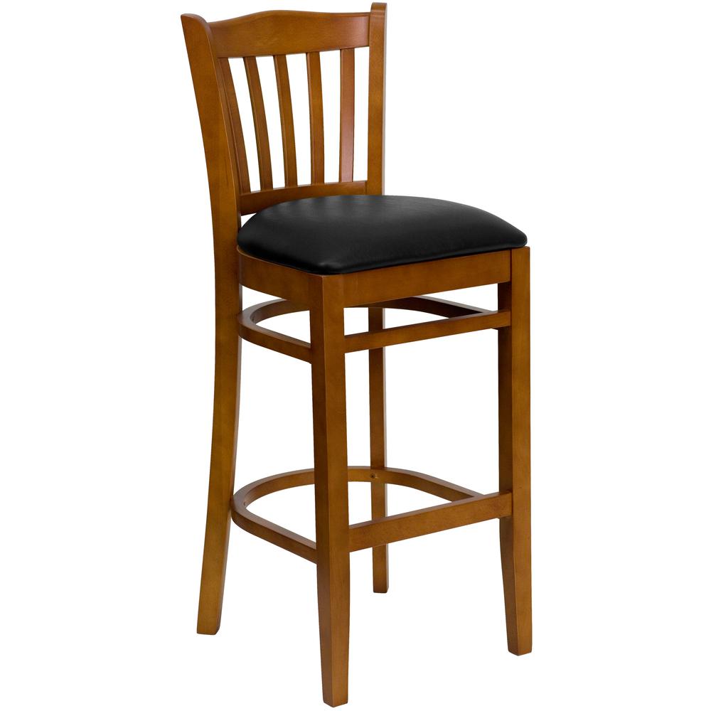 Hercules Series Vertical Slat Back Cherry Wood Restaurant Barstool - Black Vinyl Seat By Flash Furniture | Bar Stools | Modishstore - 1