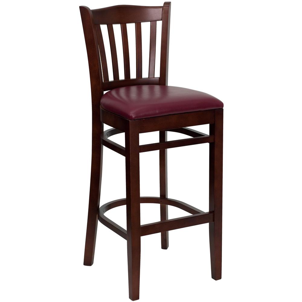 Hercules Series Vertical Slat Back Mahogany Wood Restaurant Barstool - Burgundy Vinyl Seat By Flash Furniture | Bar Stools | Modishstore - 1