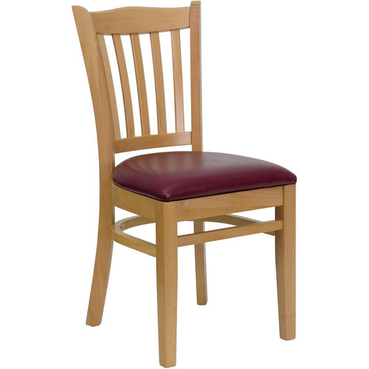 Hercules Series Vertical Slat Back Natural Wood Restaurant Chair - Burgundy Vinyl Seat By Flash Furniture | Dining Chairs | Modishstore - 1