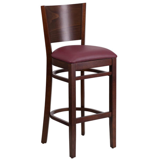 Lacey Series Solid Back Walnut Wood Restaurant Barstool - Burgundy Vinyl Seat By Flash Furniture | Bar Stools | Modishstore