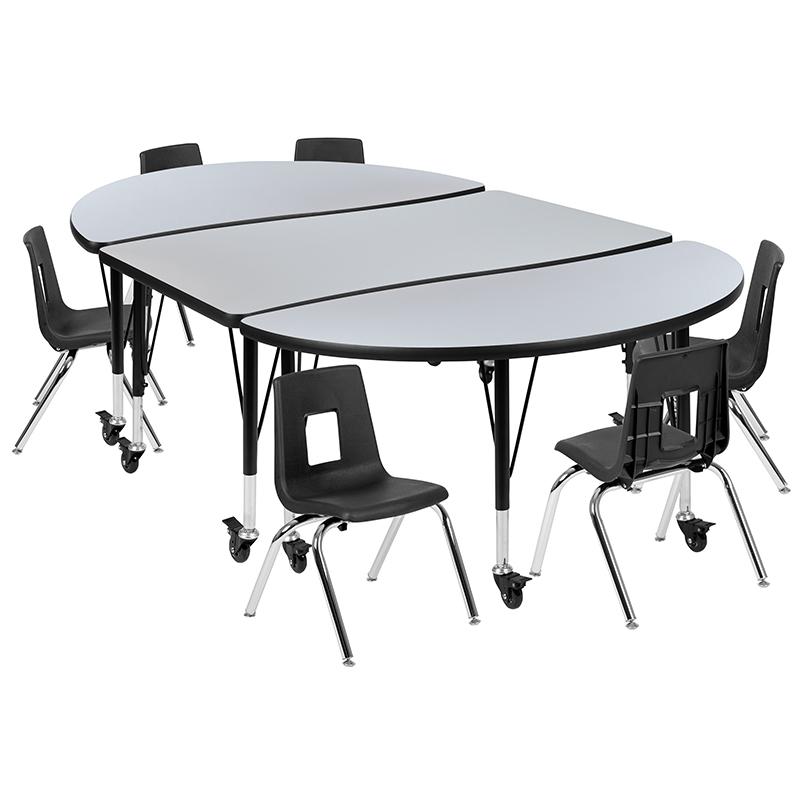 Mobile 76" Oval Wave Collaborative Laminate Activity Table Set With 12" Student Stack Chairs, Grey/Black By Flash Furniture | Dining Sets | Modishstore - 2