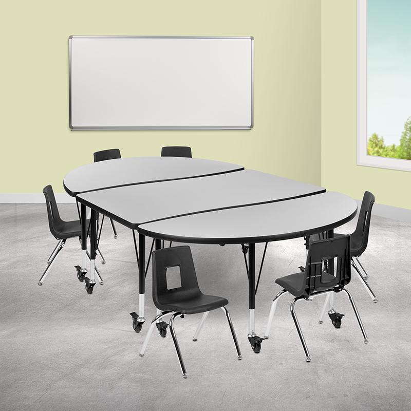 Mobile 76" Oval Wave Collaborative Laminate Activity Table Set With 12" Student Stack Chairs, Grey/Black By Flash Furniture | Dining Sets | Modishstore