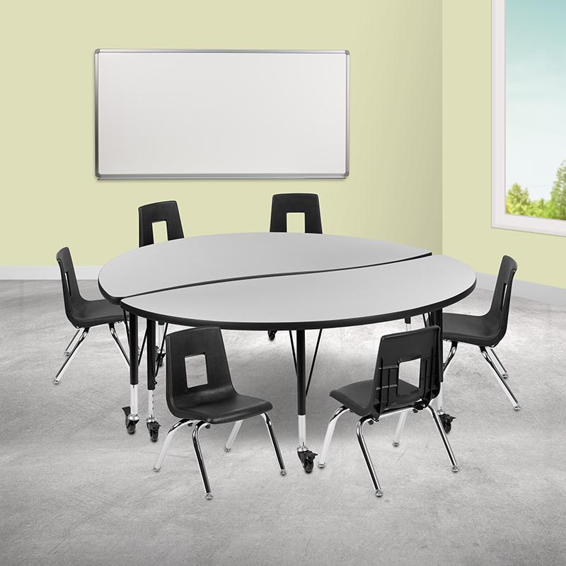Mobile 60" Circle Wave Collaborative Laminate Activity Table Set With 14" Student Stack Chairs, Grey/Black By Flash Furniture | Dining Sets | Modishstore