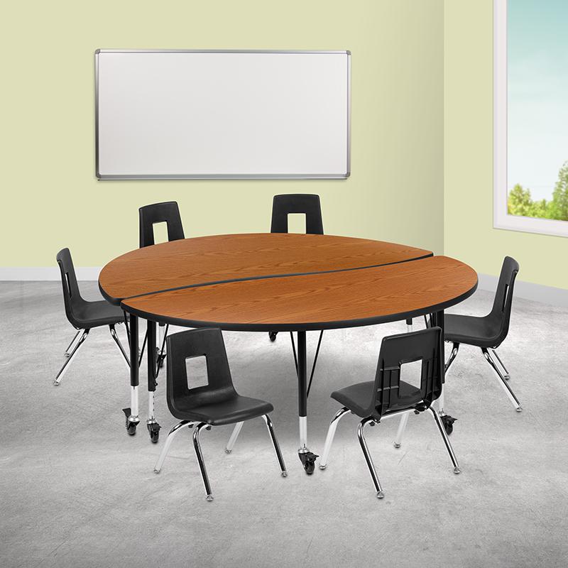 Mobile 60" Circle Wave Collaborative Laminate Activity Table Set With 14" Student Stack Chairs, Oak/Black By Flash Furniture | Dining Sets | Modishstore