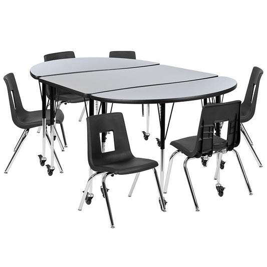Mobile 76" Oval Wave Collaborative Laminate Activity Table Set With 16" Student Stack Chairs, Grey/Black By Flash Furniture | Dining Sets | Modishstore