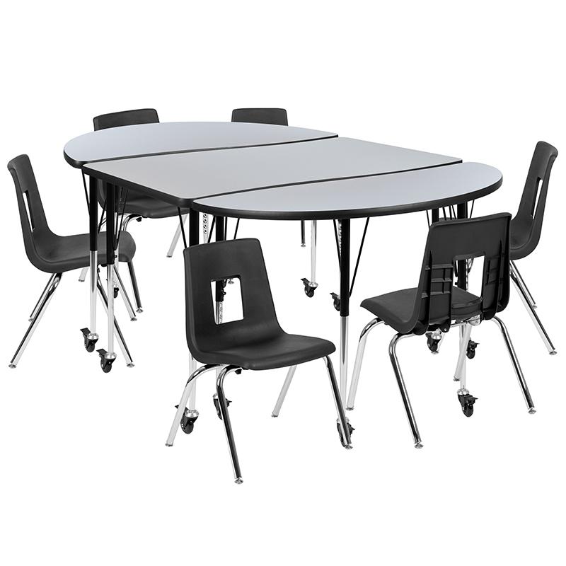 Mobile 76" Oval Wave Collaborative Laminate Activity Table Set With 16" Student Stack Chairs, Grey/Black By Flash Furniture | Dining Sets | Modishstore - 1