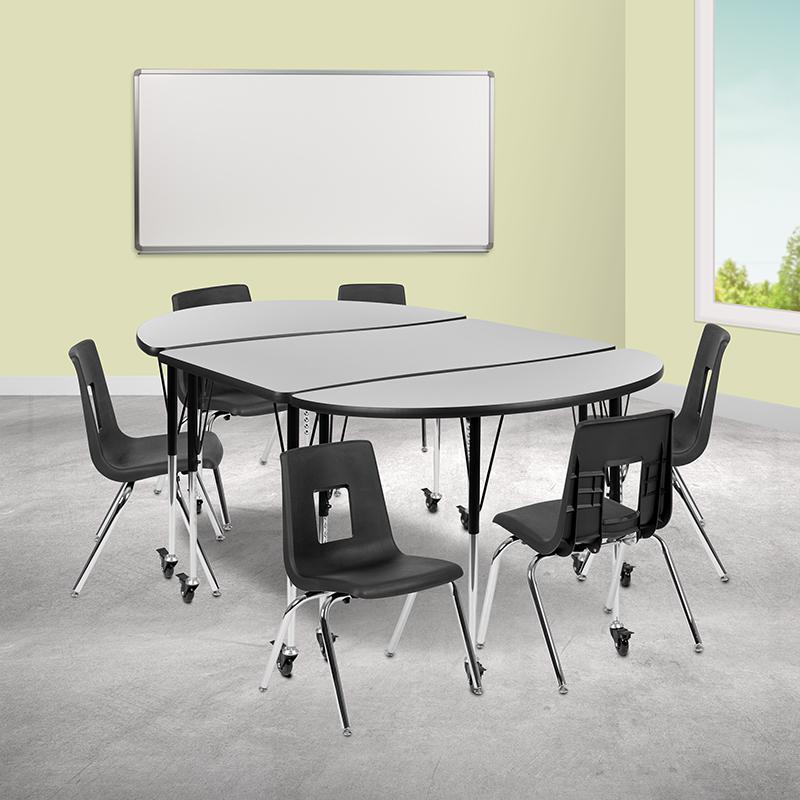 Mobile 76" Oval Wave Collaborative Laminate Activity Table Set With 16" Student Stack Chairs, Grey/Black By Flash Furniture | Dining Sets | Modishstore - 2