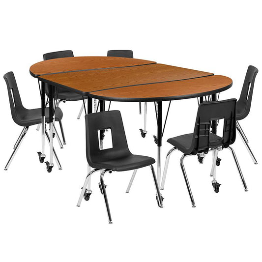 Mobile 76" Oval Wave Collaborative Laminate Activity Table Set With 16" Student Stack Chairs, Oak/Black By Flash Furniture | Dining Sets | Modishstore
