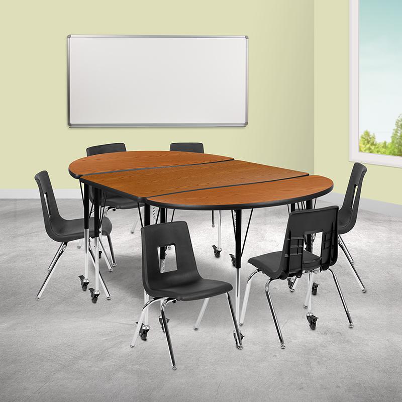 Mobile 76" Oval Wave Collaborative Laminate Activity Table Set With 16" Student Stack Chairs, Oak/Black By Flash Furniture | Dining Sets | Modishstore - 2