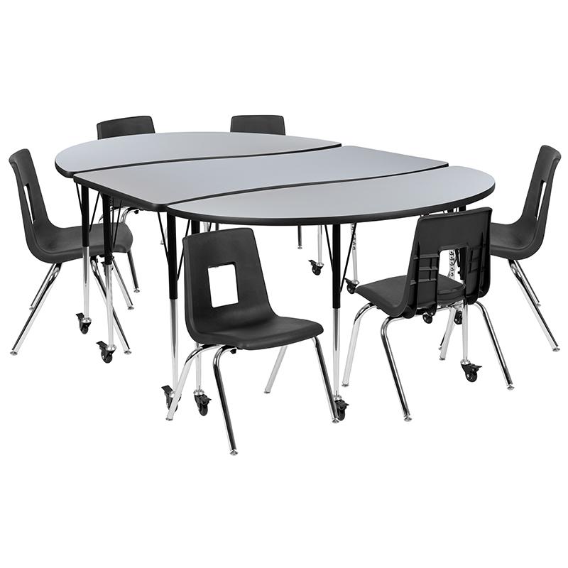 Mobile 86" Oval Wave Collaborative Laminate Activity Table Set With 16" Student Stack Chairs, Grey/Black By Flash Furniture | Dining Sets | Modishstore - 1