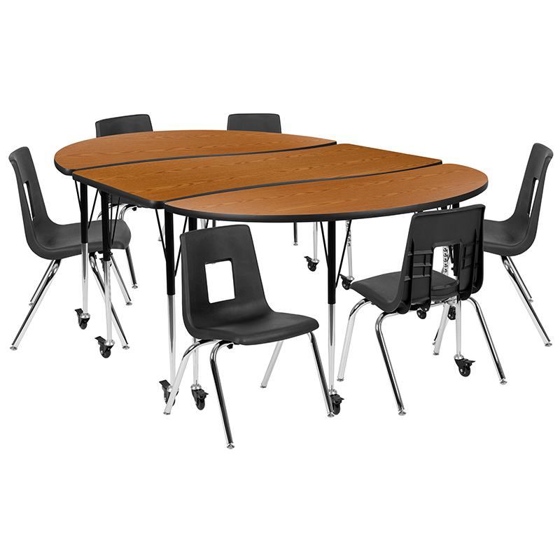 Mobile 86" Oval Wave Collaborative Laminate Activity Table Set With 16" Student Stack Chairs, Oak/Black By Flash Furniture | Dining Sets | Modishstore