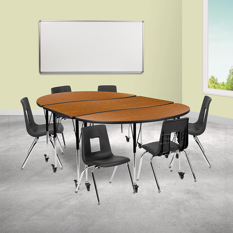 Mobile 86" Oval Wave Collaborative Laminate Activity Table Set With 16" Student Stack Chairs, Oak/Black By Flash Furniture | Dining Sets | Modishstore - 2