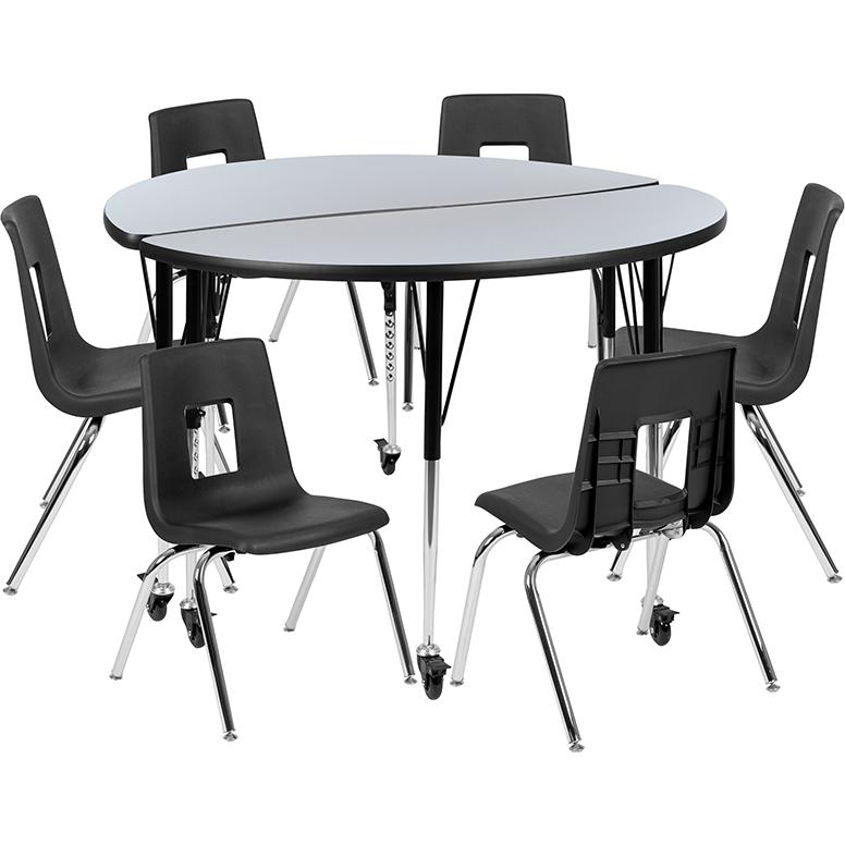 Mobile 47.5" Circle Wave Collaborative Laminate Activity Table Set With 16" Student Stack Chairs, Grey/Black By Flash Furniture | Dining Sets | Modishstore