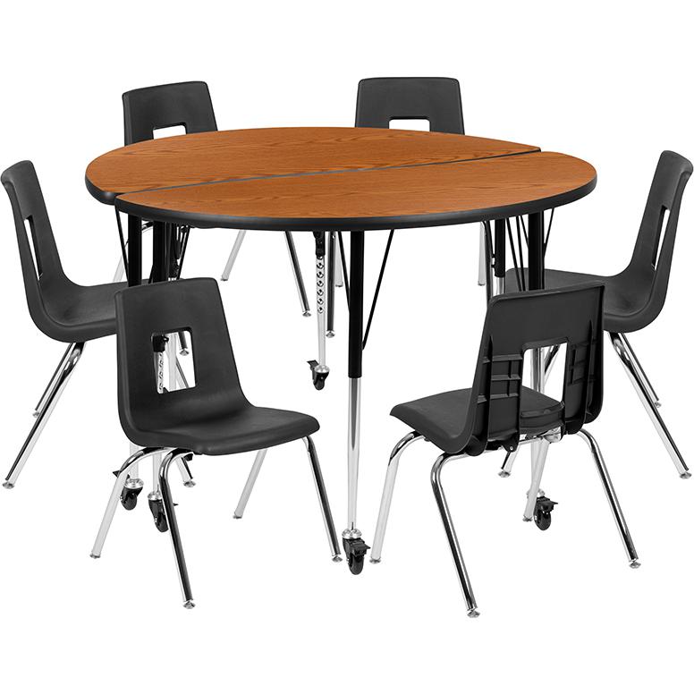 Mobile 47.5" Circle Wave Collaborative Laminate Activity Table Set With 16" Student Stack Chairs, Oak/Black By Flash Furniture | Dining Sets | Modishstore
