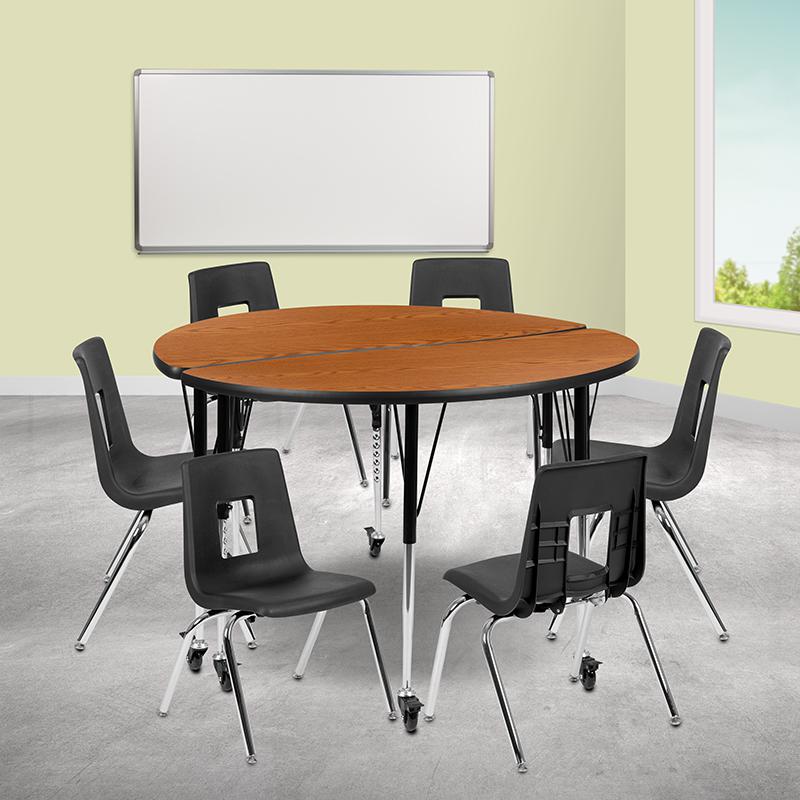 Mobile 47.5" Circle Wave Collaborative Laminate Activity Table Set With 16" Student Stack Chairs, Oak/Black By Flash Furniture | Dining Sets | Modishstore - 2