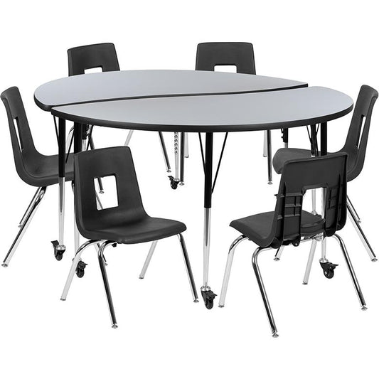 Mobile 60" Circle Wave Collaborative Laminate Activity Table Set With 16" Student Stack Chairs, Grey/Black By Flash Furniture | Dining Sets | Modishstore