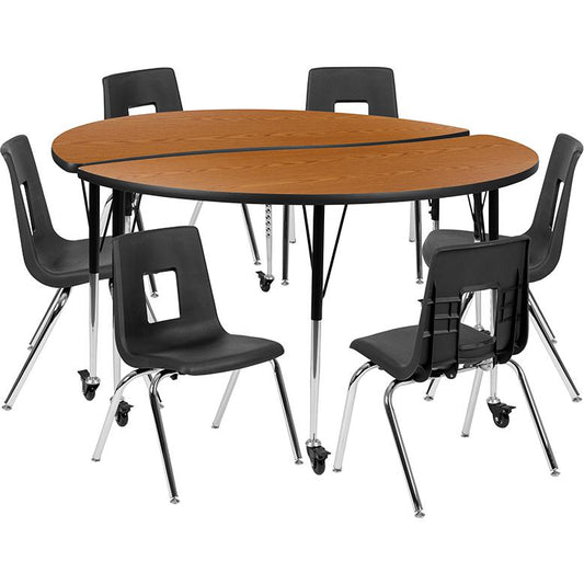 Mobile 60" Circle Wave Collaborative Laminate Activity Table Set With 16" Student Stack Chairs, Oak/Black By Flash Furniture | Dining Sets | Modishstore