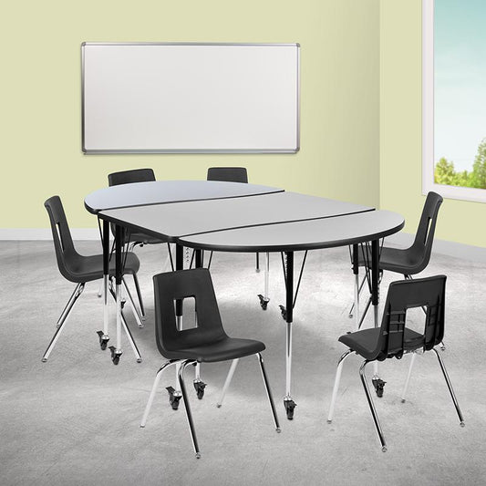 Mobile 76" Oval Wave Collaborative Laminate Activity Table Set With 18" Student Stack Chairs, Grey/Black By Flash Furniture | Dining Sets | Modishstore