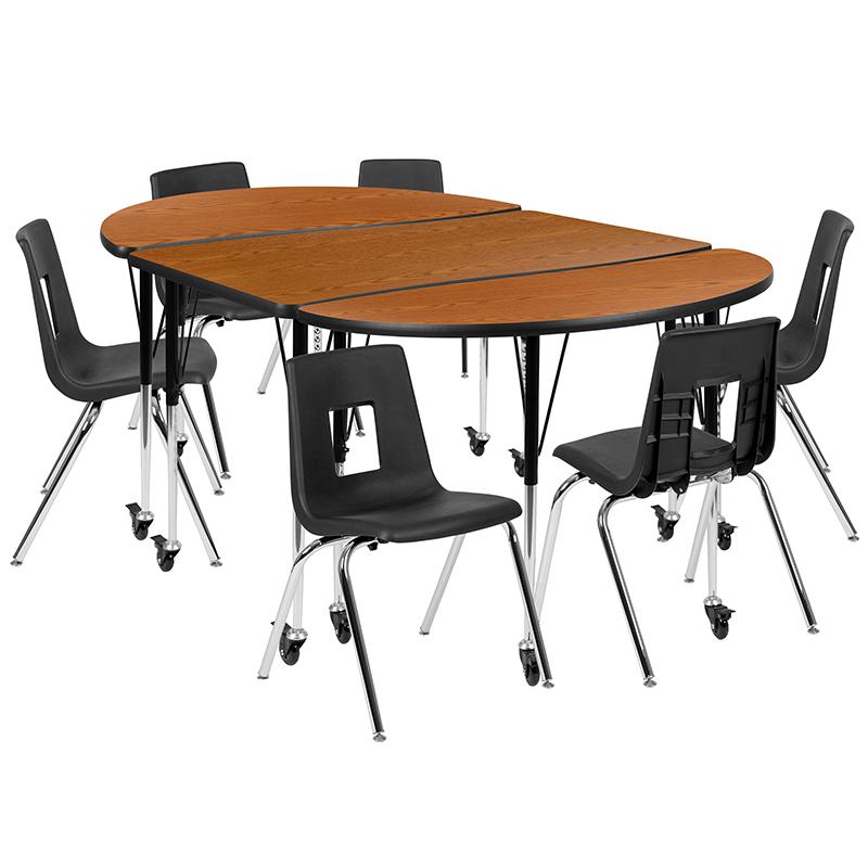 Mobile 76" Oval Wave Collaborative Laminate Activity Table Set With 18" Student Stack Chairs, Oak/Black By Flash Furniture | Dining Sets | Modishstore - 2