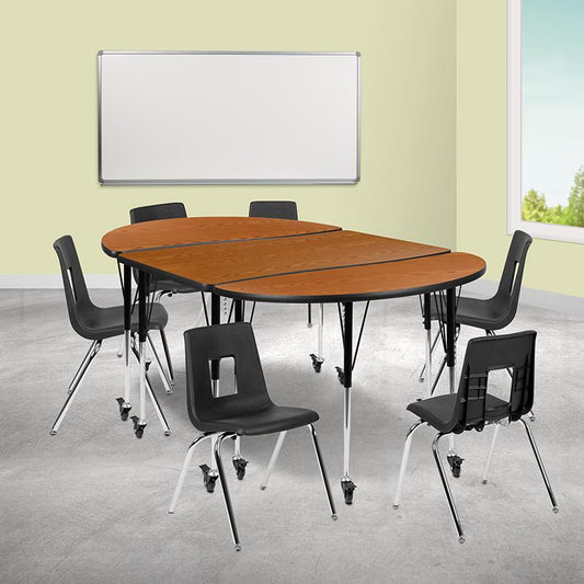 Mobile 76" Oval Wave Collaborative Laminate Activity Table Set With 18" Student Stack Chairs, Oak/Black By Flash Furniture | Dining Sets | Modishstore
