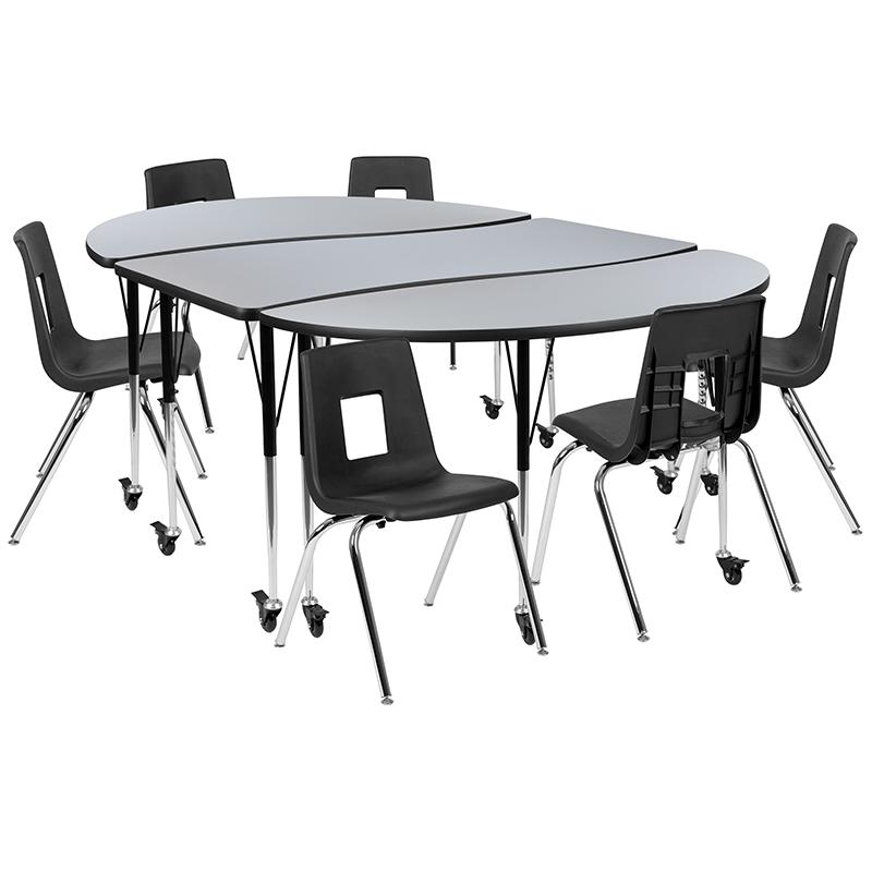 Mobile 86" Oval Wave Collaborative Laminate Activity Table Set With 18" Student Stack Chairs, Grey/Black By Flash Furniture | Dining Sets | Modishstore - 2