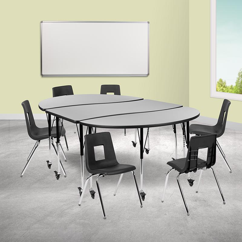 Mobile 86" Oval Wave Collaborative Laminate Activity Table Set With 18" Student Stack Chairs, Grey/Black By Flash Furniture | Dining Sets | Modishstore