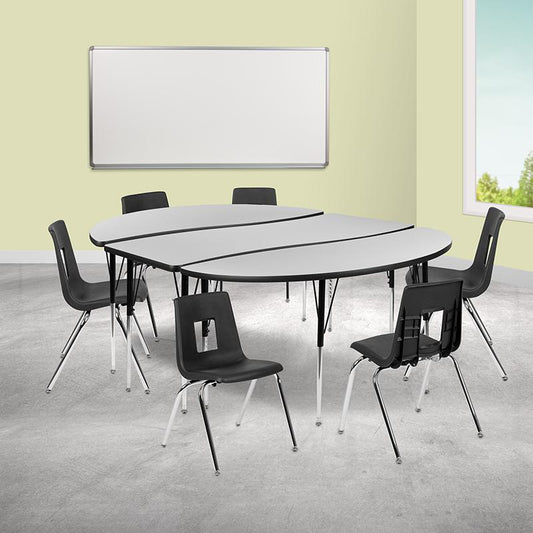 86" Oval Wave Collaborative Laminate Activity Table Set With 18" Student Stack Chairs, Grey/Black By Flash Furniture | Dining Sets | Modishstore