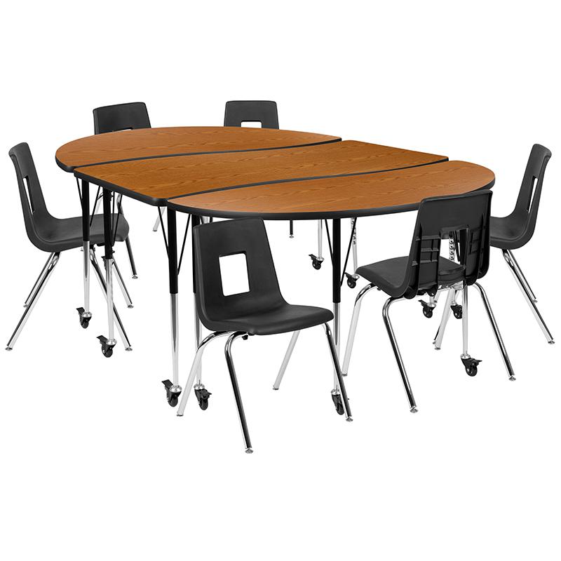 Mobile 86" Oval Wave Collaborative Laminate Activity Table Set With 18" Student Stack Chairs, Oak/Black By Flash Furniture | Dining Sets | Modishstore - 2