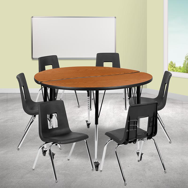 Mobile 47.5" Circle Wave Collaborative Laminate Activity Table Set With 18" Student Stack Chairs, Oak/Black By Flash Furniture | Dining Sets | Modishstore