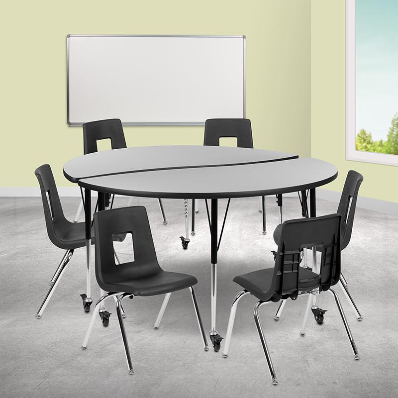 Mobile 60" Circle Wave Collaborative Laminate Activity Table Set With 18" Student Stack Chairs, Grey/Black By Flash Furniture | Dining Sets | Modishstore